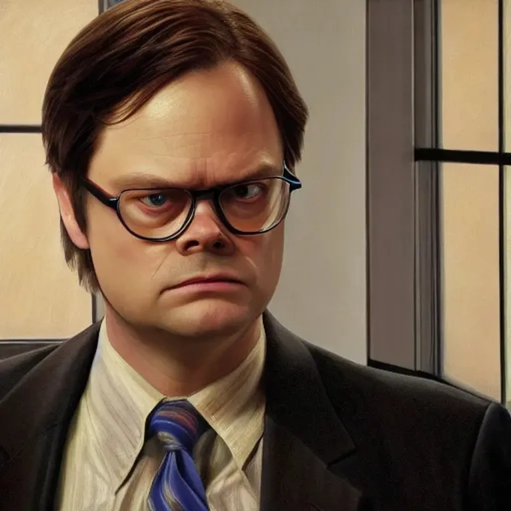 Prompt: close-up of Dwight Schrute in The Office (2005), highly detailed, sharp focus, digital painting, artwork by Victor Adame Minguez + Yuumei + Tom Lovell + Sandro Botticelli