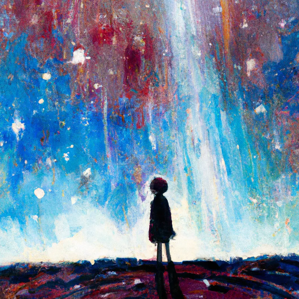 Prompt: a painting of a person standing in front of a sky full of stars, a detailed painting by Makoto Shinkai, deviantart, space art, sense of awe, apocalypse art, deviantart