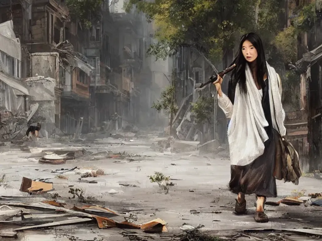 Prompt: a painting of a beautiful Asian girl walking down a street in a post-apocalyptic scene, her face is partially covered by a makeshift scarf, she is partially clothed in burlap rags,  wearing rugged boots, has a rifle slung over one shoulder, in te background are crumbling buildings and debris, no vehicles are visible, very detailed, painting by, Richard Estes, John Salt, Chuck Close, cinematic viewpoint, 4k resolution, octane render