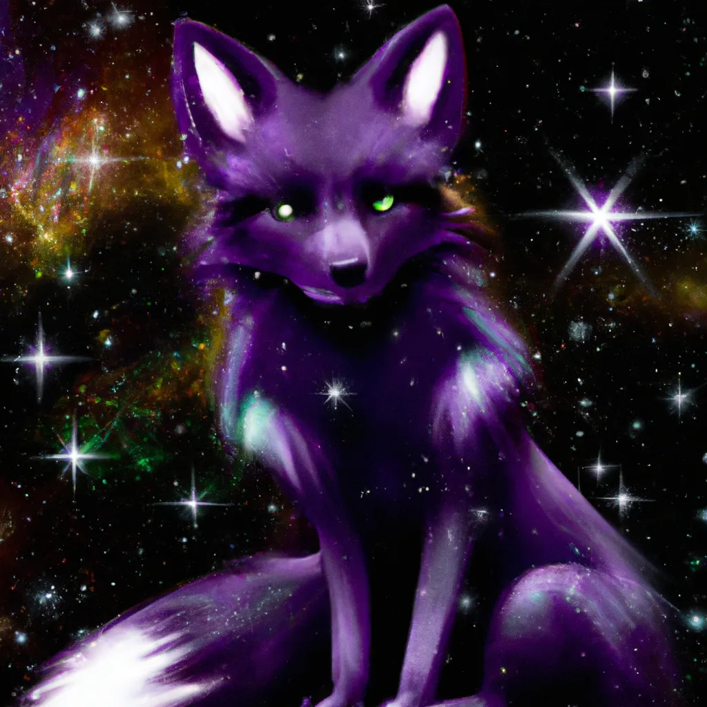 Prompt: a beautiful black fox with purple highlights with stars and the universe, hyperrealist render, high fidelity, high detail, character design