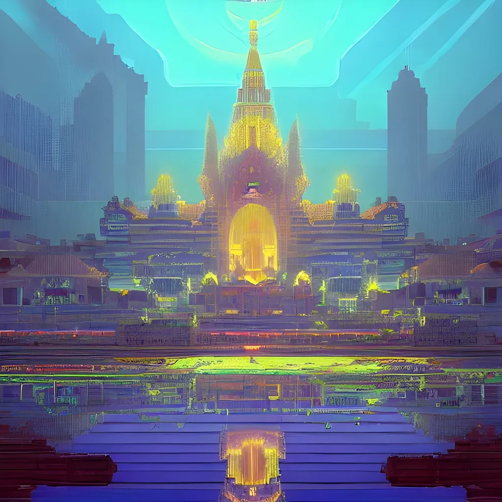 Prompt: view of a cyberpunk temple above an azure lake, beautiful detailed pixelart by albertov, intricate details, beautiful, dithered gradients, volumetric lighting, cgsociety, artstation, 2 d, smooth, sharp, focus, illustration, art by artgerm, greg rutkowski, ilya kuvshinov, alphonse mucha