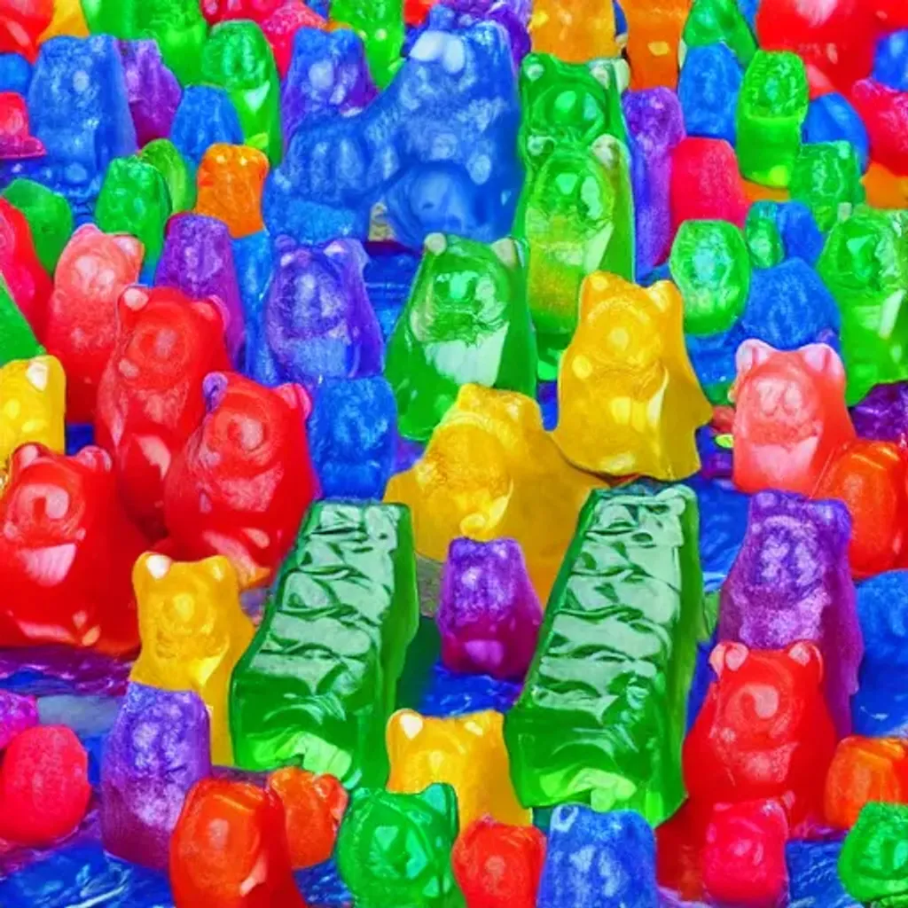 Prompt: A 3d studio photograph of a fantastic gummy bear castle, fantasy, isometric view, extreme closeup, centered, realistic shadows, caustics, specular highlights, photorealistic, crystal clear sharp focus and high contrast, highly detailed, ambient occlusion, ray-tracing, volumetric light, three-point lighting architectural model, subsurface scattering, trending on Artstation, octane render, Cinema 4D, Houdini, Maya