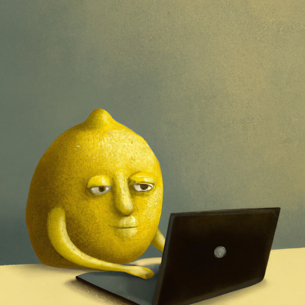 Prompt: An intelligent lemon sits at a laptop, creating an image of a lemon. Textless. Cinematic. Trending on ArtStation. Beautiful detailed painting. Textless. 