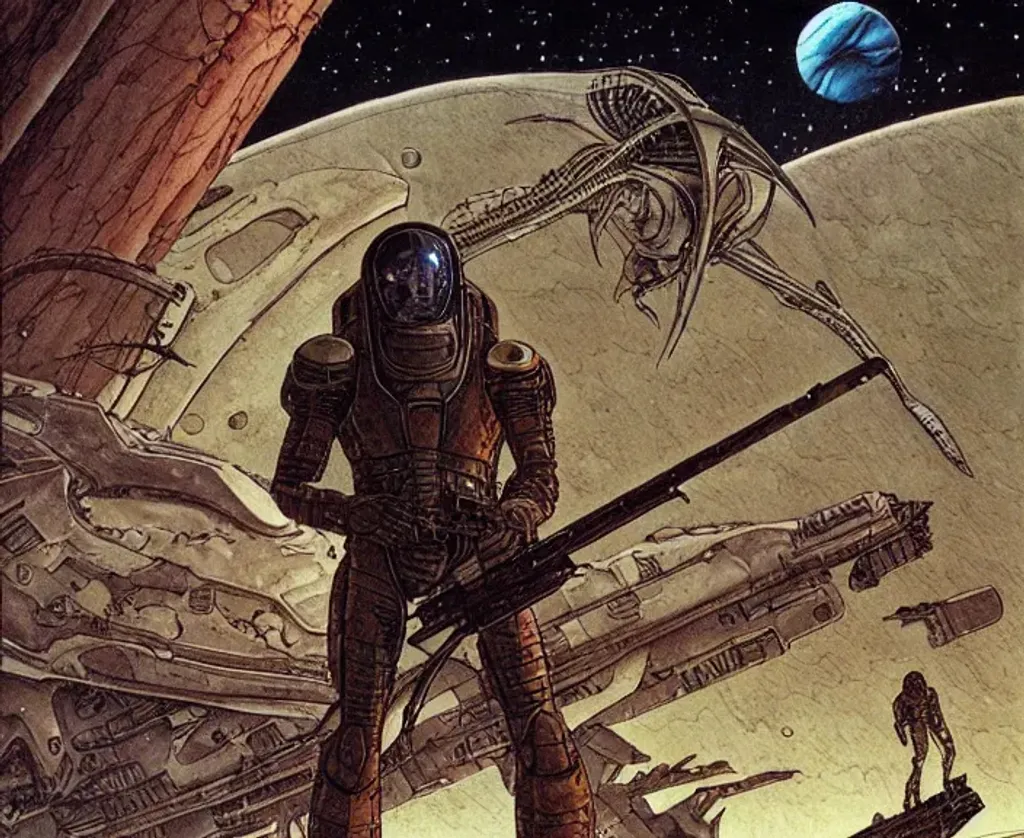 Prompt: Man with long dark brown hair holding weapon wearing battlesuit in alien dessert standing next to destroyed alien craft, by Makoto Kobayashi, by Moebius, by Jean Giraud, manga, anime style, 80's, Intricate, Hand drawn, concept art, grainy color, dim lighting, Anime Key Visual, beautiful composition