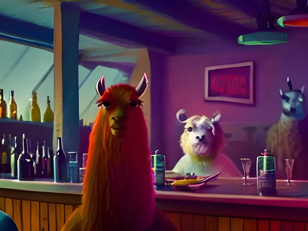 Prompt: 8k Film Still of Piet with a LLama at a bar, by Simon Stålenhag and Willem van Veldhuizen and Jordan Grimmer and Hans Ruedi Giger, vivid, colorful, Extreme Detail