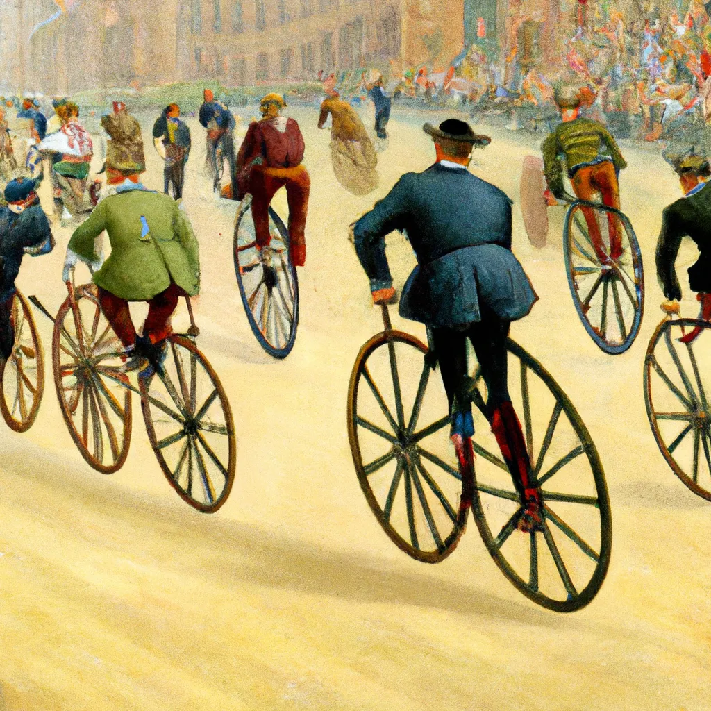 Prompt: Penny Farthing Race, London, 1880, Flemish Style Painting.