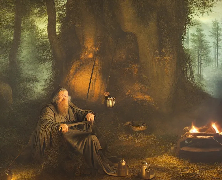 A wise wizard sitting in a mystical forest next to a