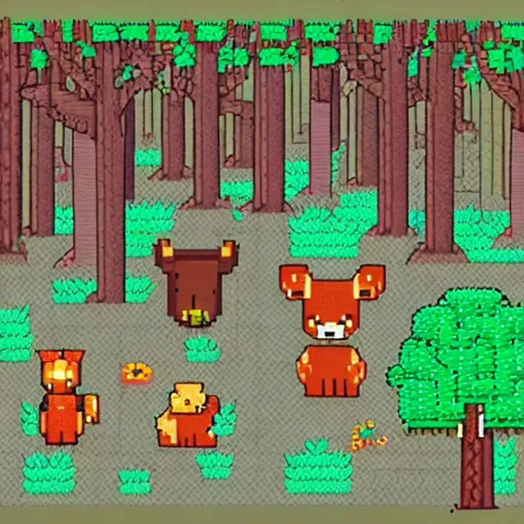 Prompt: cute forest scene, pixel art by Paul Robertson