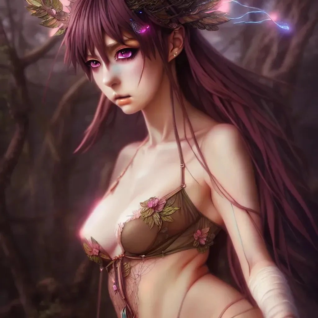 Prompt: detailed anime portrait, a beautiful young anime woman druid fairy curvy intricate outfit lingerie, large anime eyes, sharp focus, emitting diodes, smoke, sparks, by pascal blanche and Greg rutkowski, artstation hyperrealism painting art of detailed character design matte painting, 4k