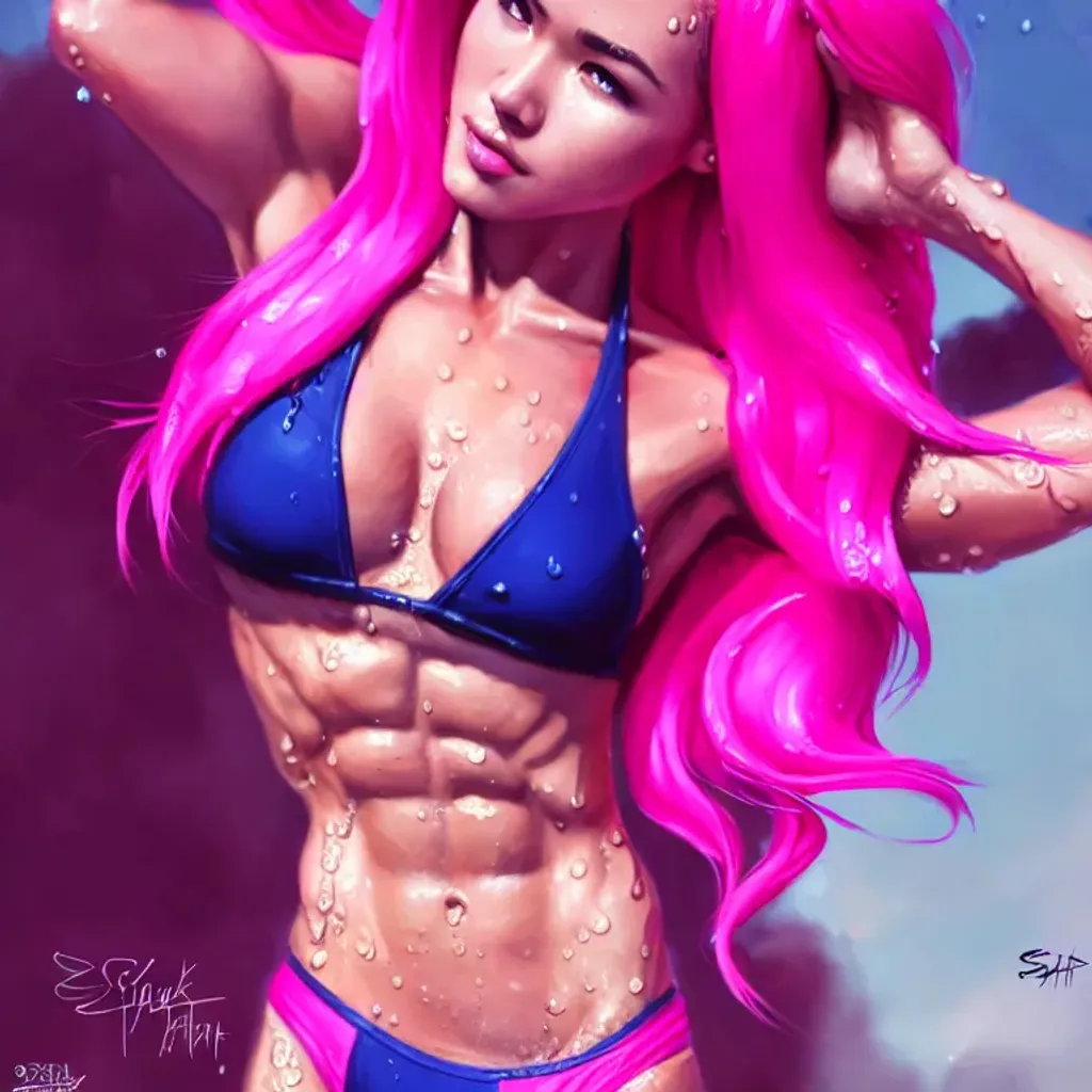 bikini fitness girl pink hair and small waist, wet b