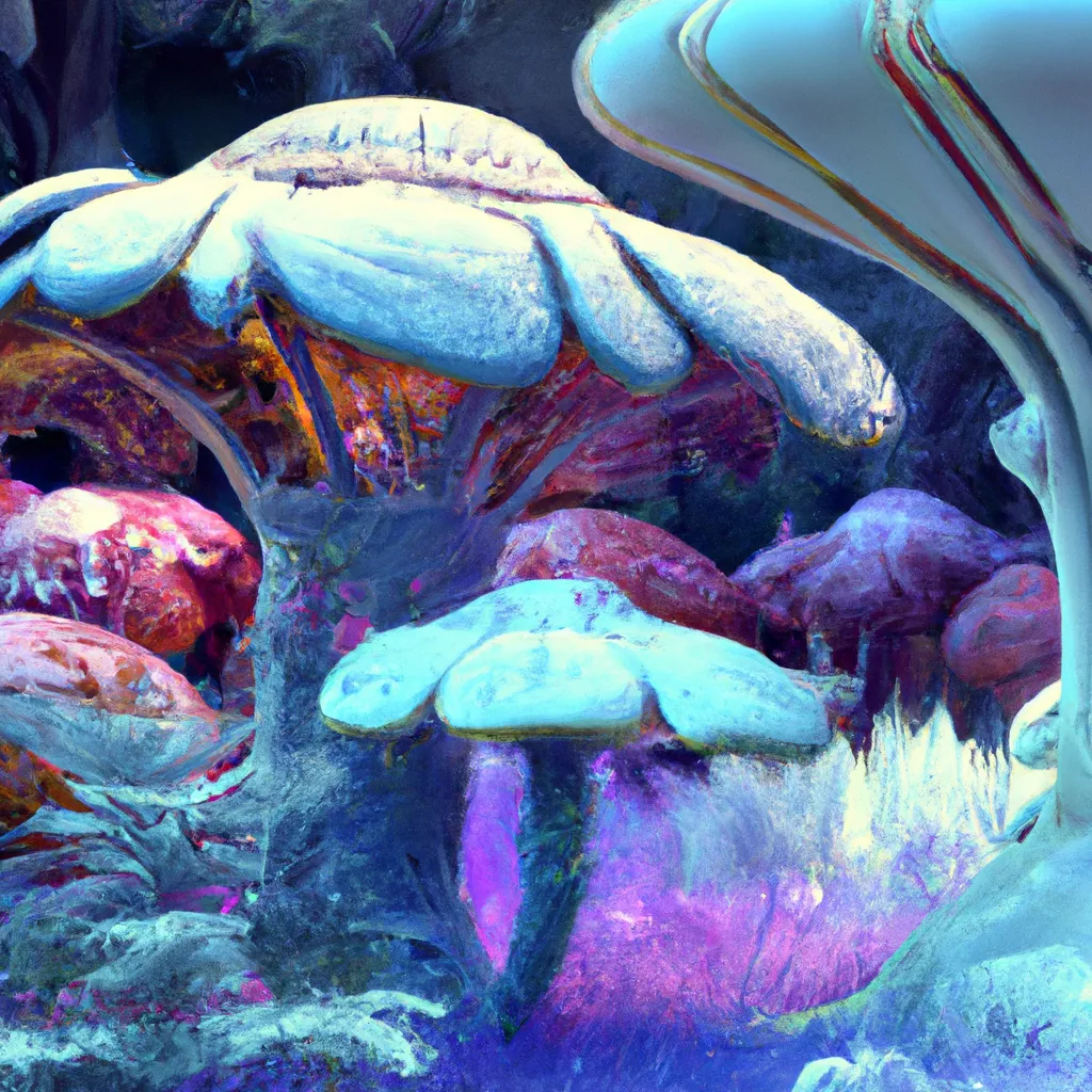 Prompt: giant glowing mushroom trees, fluffy leaves, alien planet, alien foliage, beautiful winter landscape,  concept art, photo bashing,