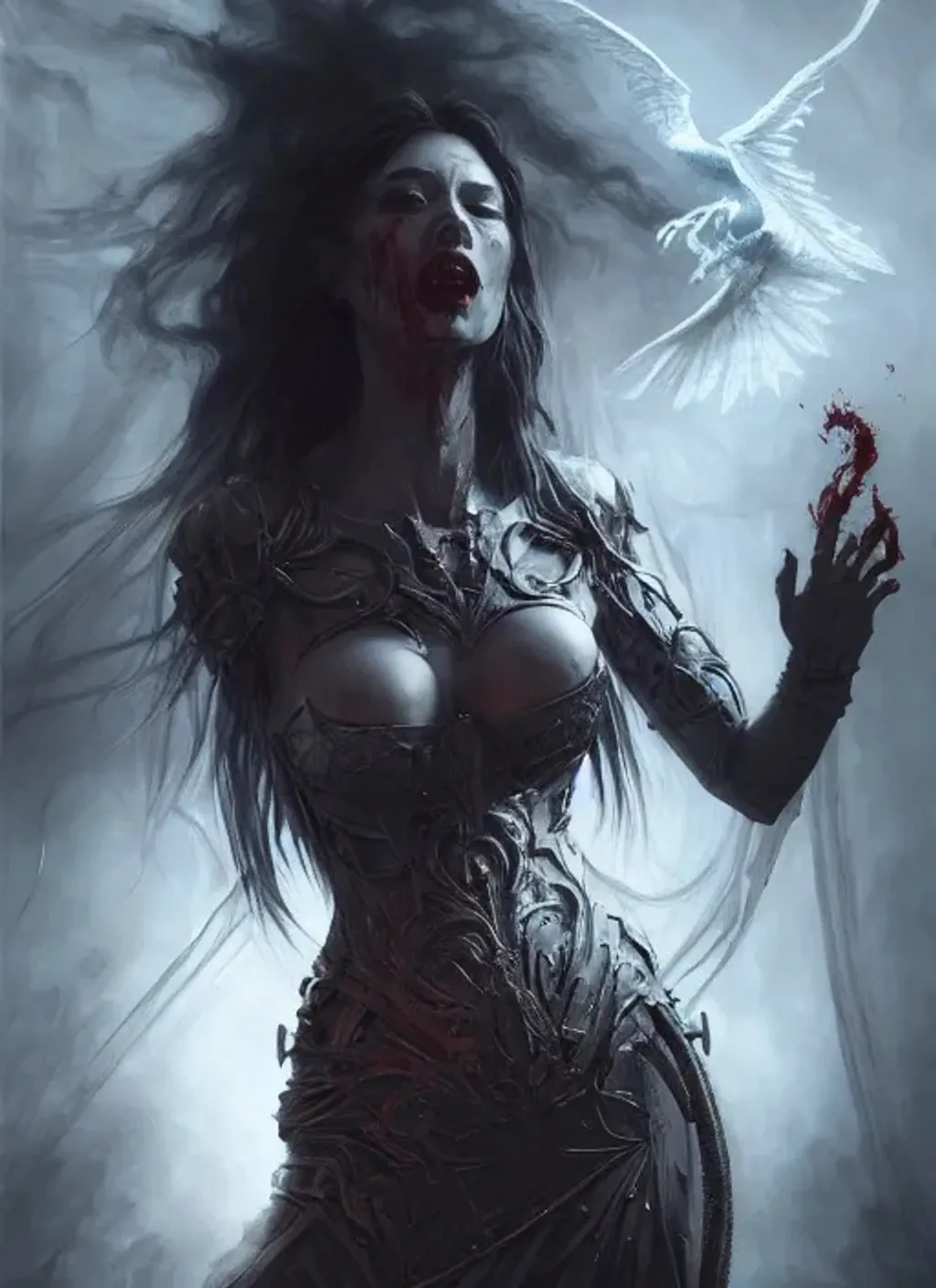 Prompt: maiden of blood, unhinged, vampiric, chrome, intricate, ultra-detailed, concept art, digital painting, trending on artstation, art by artgerm and felix englund and greg rutkowski, muted colors, matte, reflections, hyper-realistic, chiaroscuro, dramatic lighting, 16k