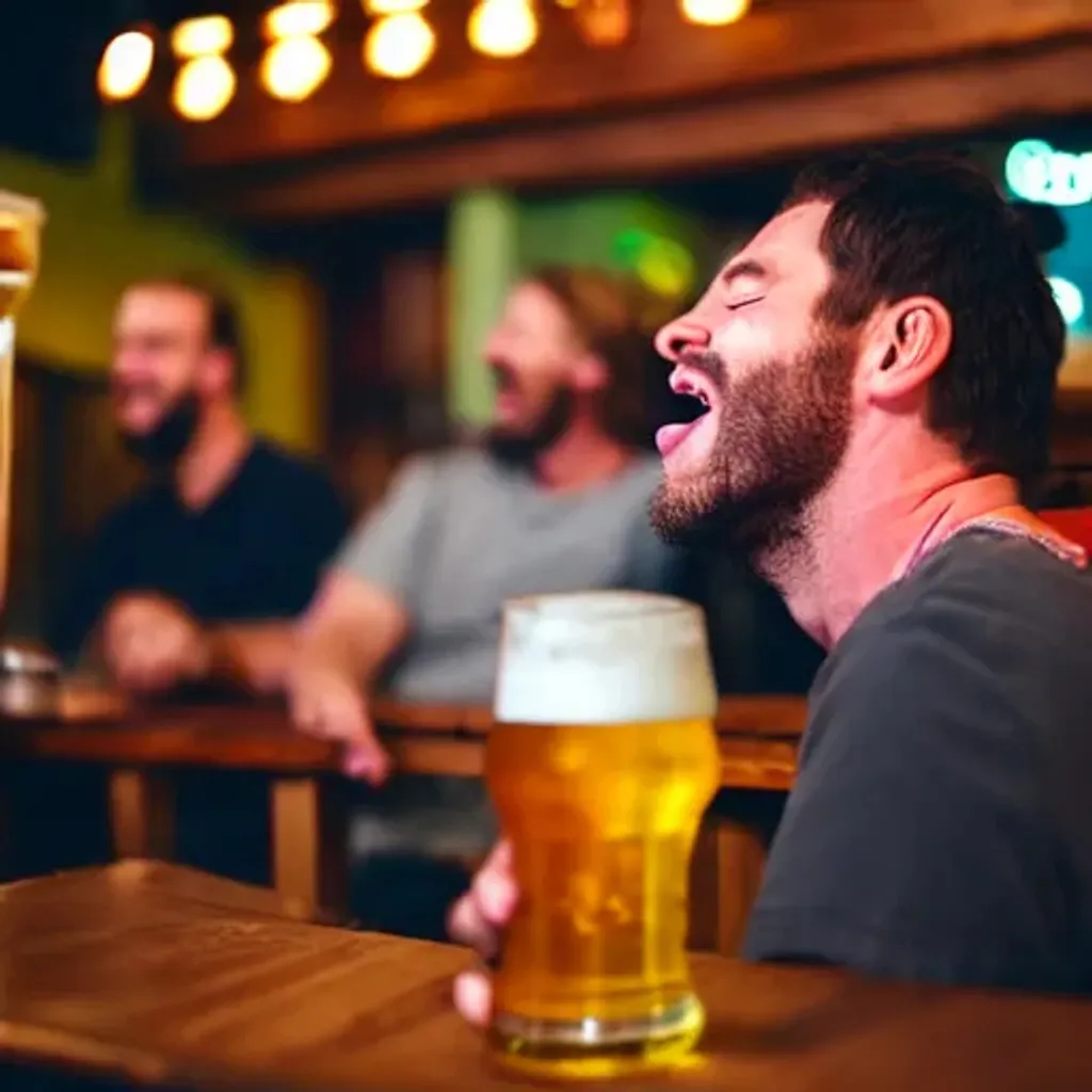 Prompt: Man sleeping in a pub with open mouth, beer in hand, laughing crowd of people around him