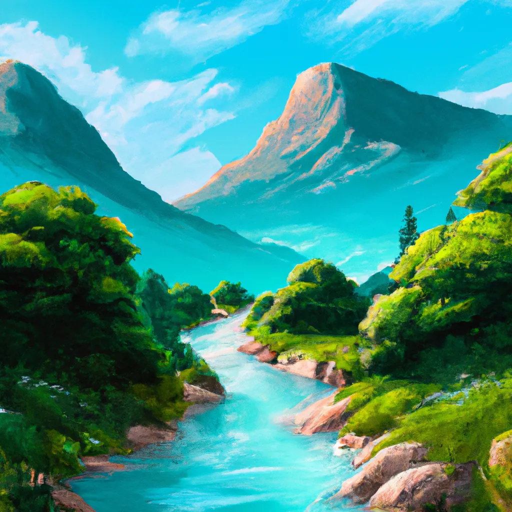 Prompt: in the landscape, there is a beautiful river that flows through the middle of it, the river is surrounded by trees and mountains, the landscape is very serene and calming, digital art