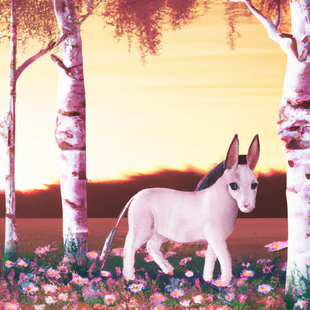 Prompt: a cute fuzzy donkey, adorable, in a field of flowers, birch trees, anime, animated, animation, scenic, beautiful, soft light, gold and pink light, key visual