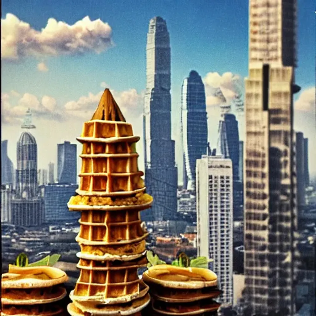 Prompt: belgian waffle stack in bangkok skyline,  chesley bonestell style
