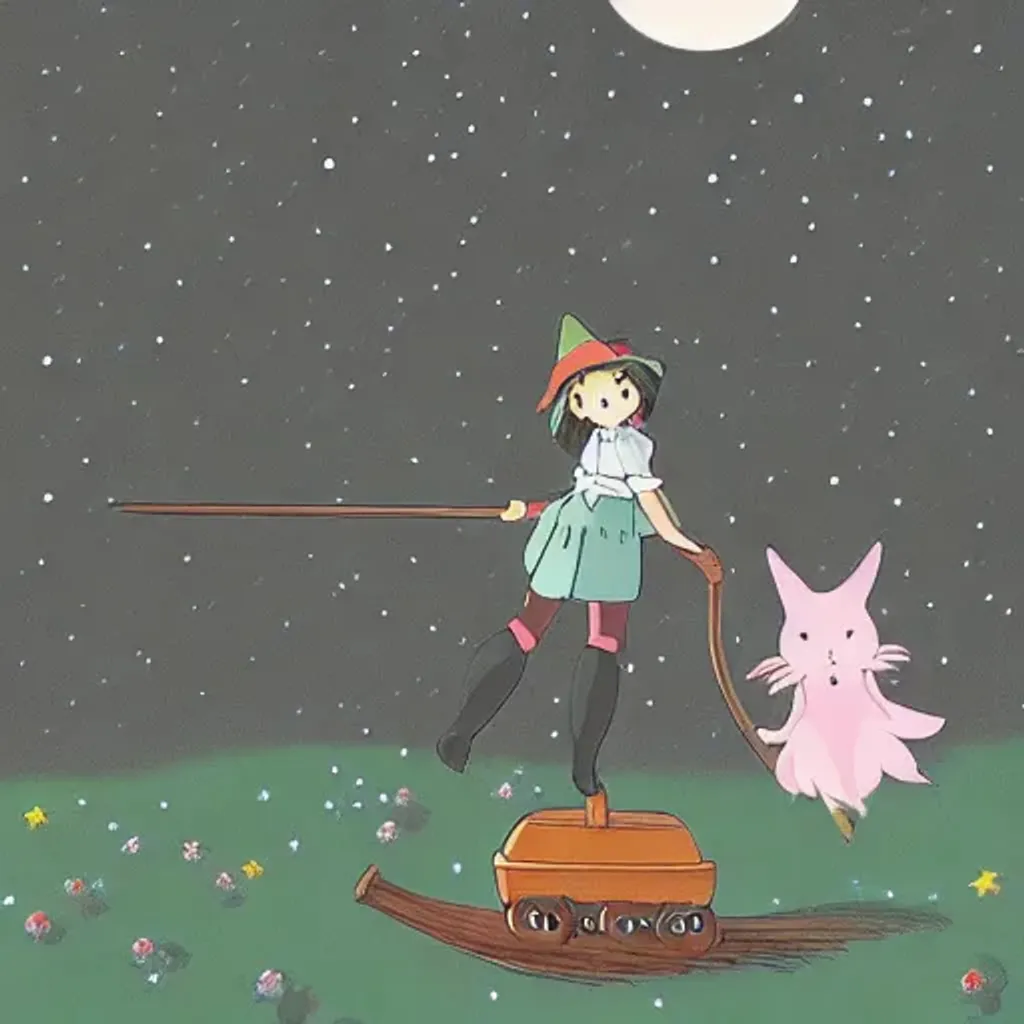 Prompt: A cute witch riding a broom, moon in the background, in the dark sky, by Ghibli studio,  highly detailed, 4k, Sanrio