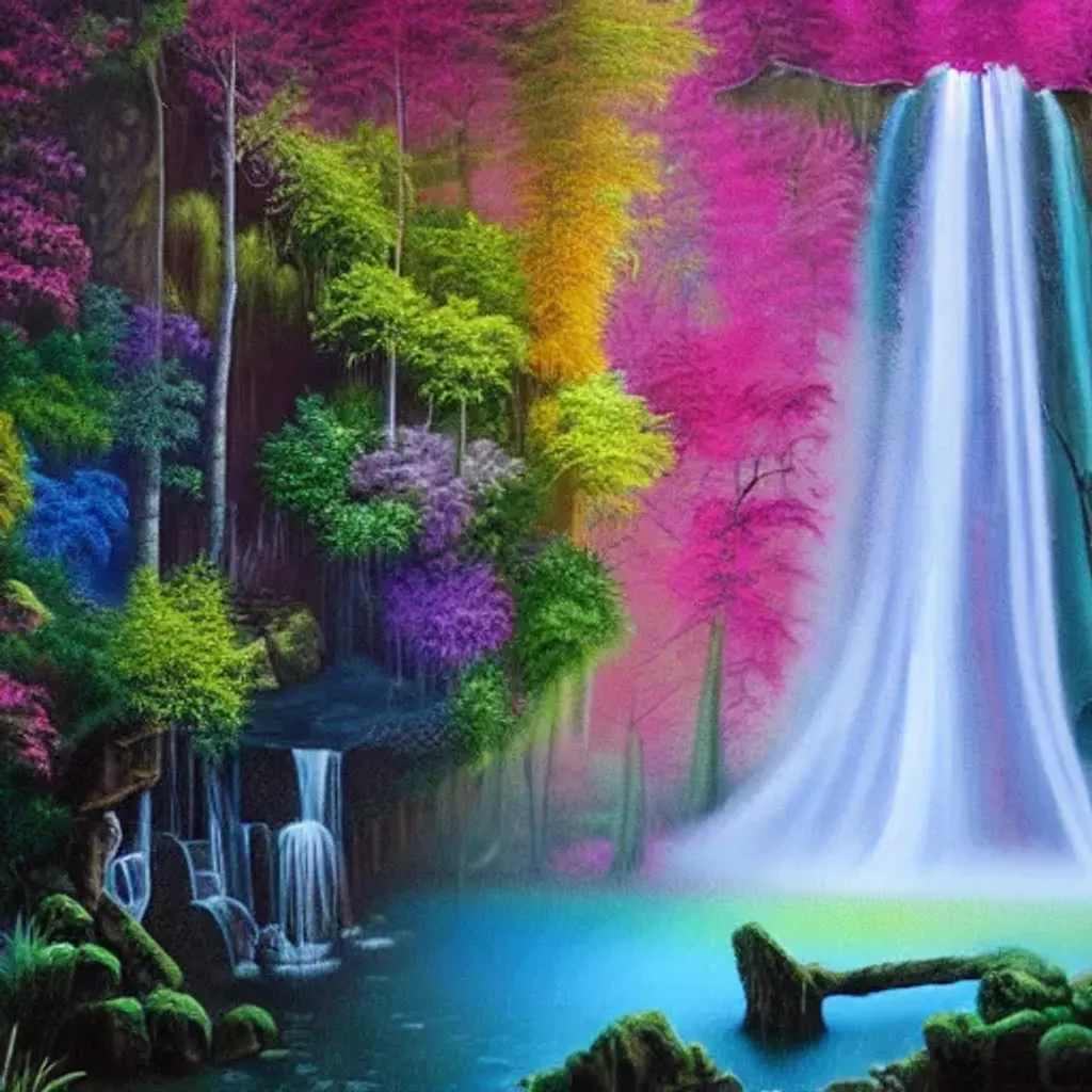 Prompt: a painting of a waterfall in the middle of a forest, an airbrush painting, by Michael James Smith, shutterstock contest winner, viscous rainbow paint, the grand temple of flowers, enchanted dreams. instagram, spectral evolution, inside a tall vetical room, nestor canavarro hyperrealist, ( ( ( rainbow ) ) ), beautiful - n 9, torrent