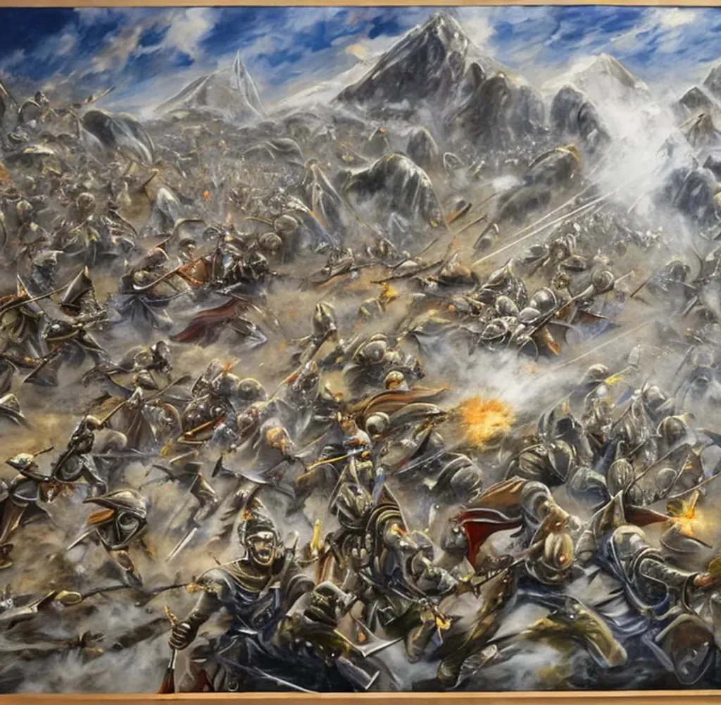 Prompt: large battlefield painting of sand elves fighting a war against snow mountain trolls in the style of the 30 years war 