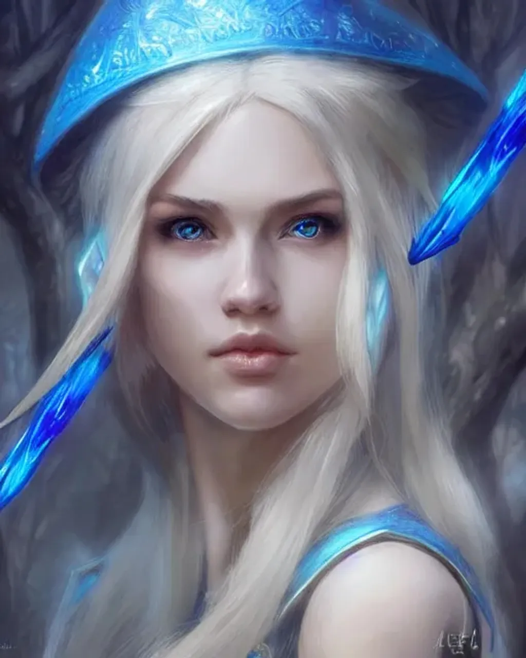 Prompt: character concept art of beautiful female elf with highly detailed face and blonde long hair firing off a magical blue arrow in the great forest, blue detailed eyes, romantic feel, Concept art by artgerm and wlop and greg rutkowski, trending on artstation, highly detailed and coherent, soft bloom lightning, highly detailed, 8k, detailed face,