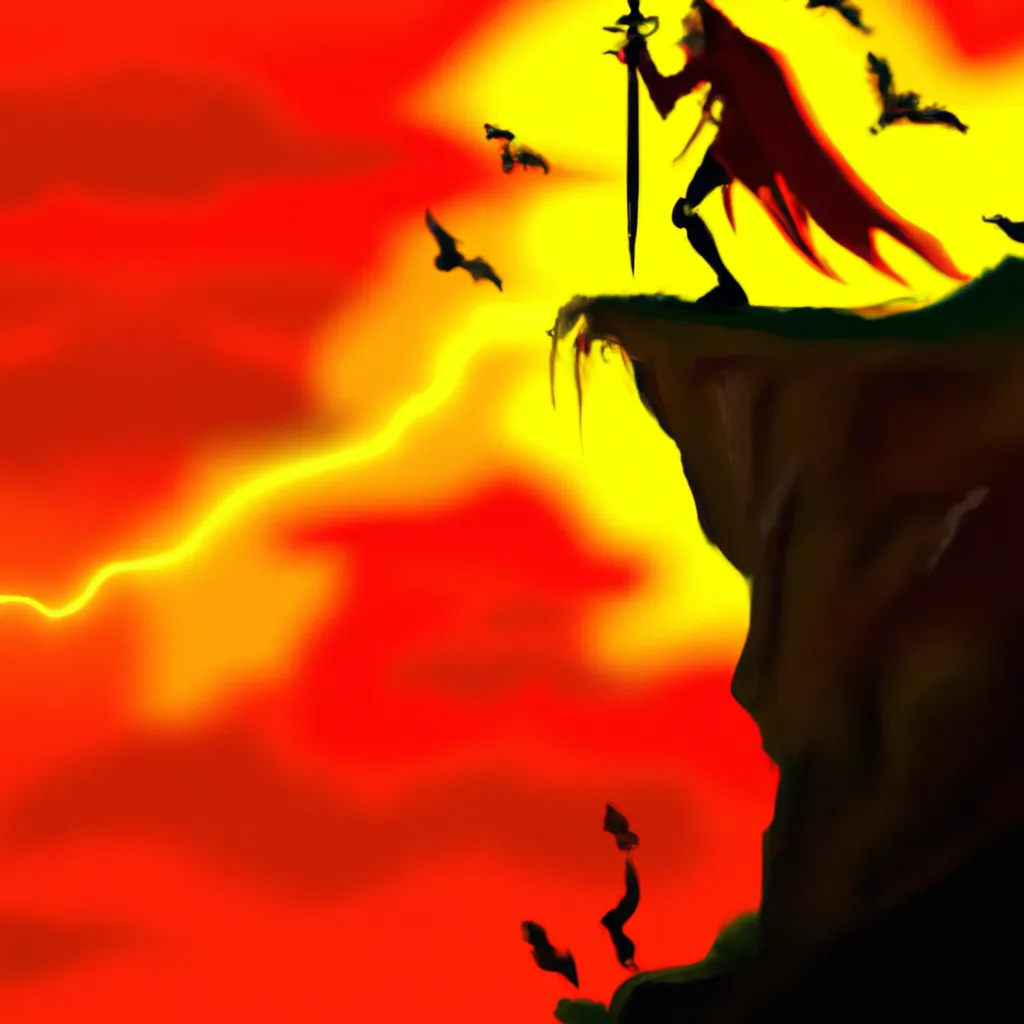 Prompt: the grim reaper is on a cliff but the sky is red and looks like it's on fire and bats are flying all around the sky and there's red lightning and the grim reaper is holding the scythe in a way where it looks like he's about to kill something, in fantasy style