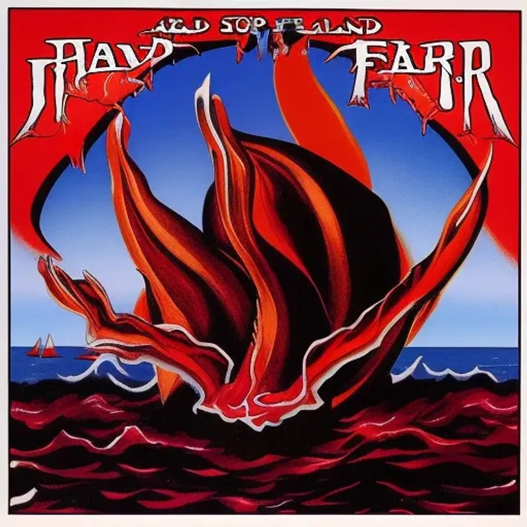 Prompt: red brown water, waves coming in. island of fear. hard stop. Heavy Metal Album Cover