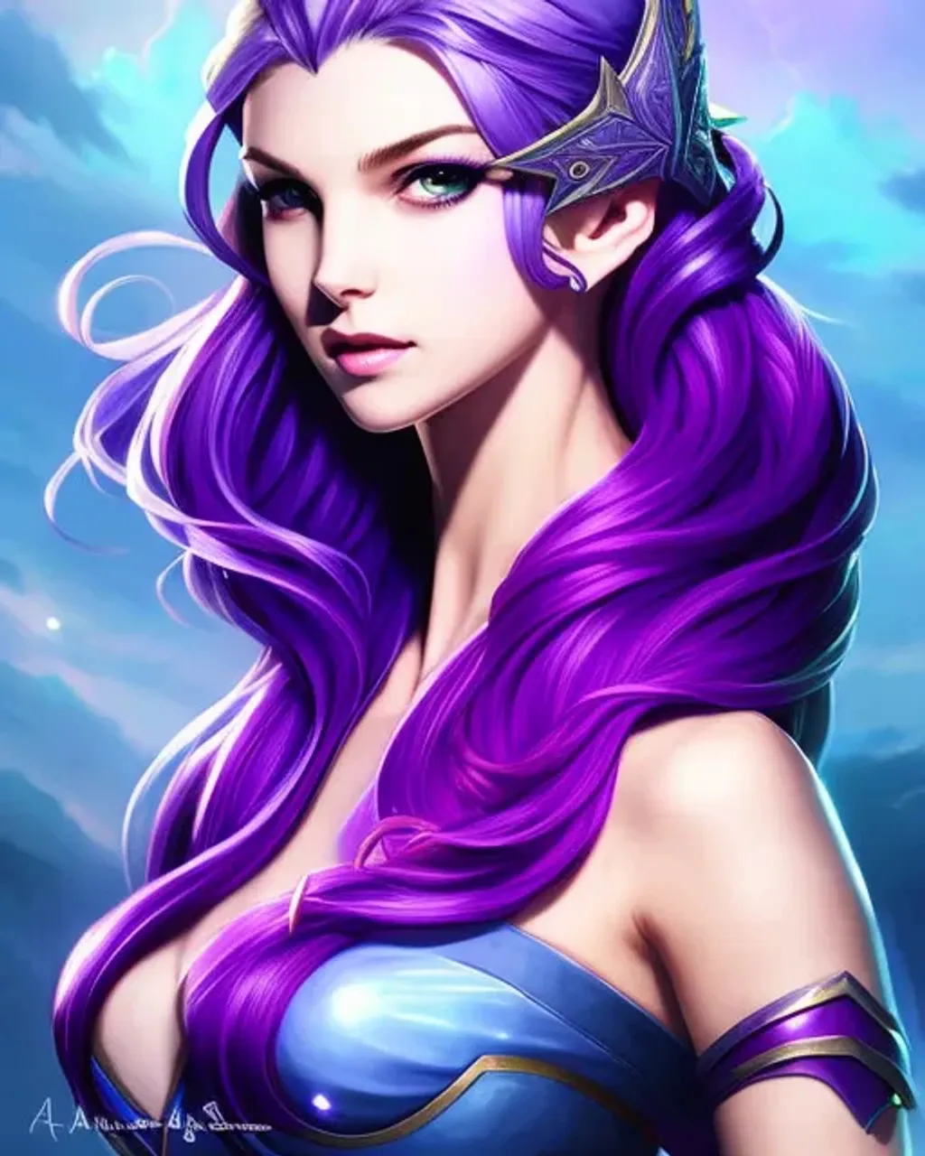 Prompt: portrait of lux from league of legends fantasy, purple flowing hair, intricate, elegant, highly detailed, detailed dress, digital painting, artstation, concept art, smooth, sharp focus, illustration, art by artgerm and greg rutkowski and alphonse mucha