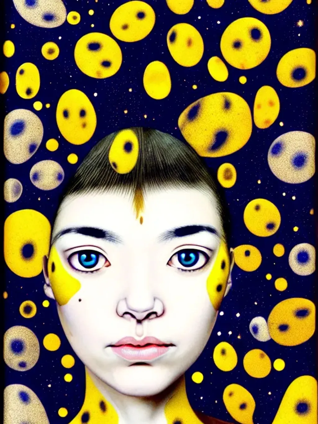 Prompt: (( woman-cat shapeshifter)) indigo cream mustard pine amber silver photorealistic eyes by Yayoi Kusama, Alan Lee, beautiful face, two beautiful hands, two beautiful arms, impeccable skin details, very healthy, galaxy hair, glowing translucent fractal ((flowers)) by ((Sybilla de Merian, John Berkey)) background theme (murmuration of particles) made of shining translucent crystal, high index of refraction, bioluminescent (fractal spray of droplets) by ((Howard David Johnson)) airbrush, acrylic on paper, smokey sky, fBm clouds, sunlight and shadows,  cinematic, ultra realistic, sense of high spirits, global illumination, volumetric fog,  volumetric lighting, occlusion, Poser 128K UHD fractal, pi, fBm