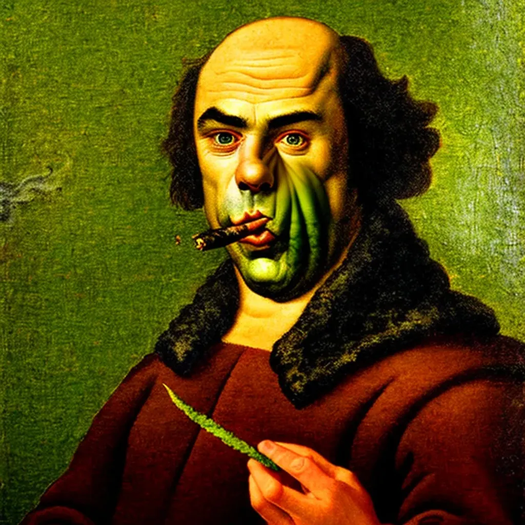 Prompt: A renaissance painting of a beardless Joe Rogan smoking weed