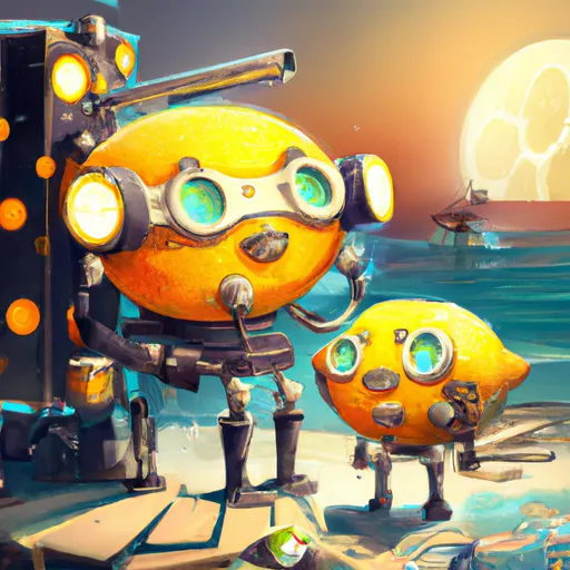 Prompt: the cute lemon family character big robots, underwater steampunk, underwater city steampunk style, artstation, golden hours, reference pose, HQ, 4K, Lisa Frank