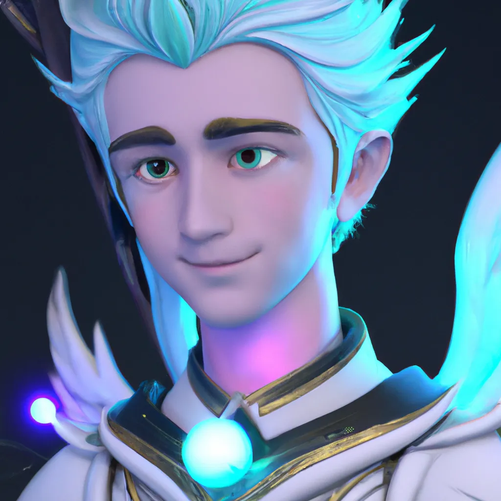 Prompt: Disney style，young prince with bigs eyes, blue hair, white wings, angel like, unreal engine, hyper detailed, photorealistic, octane render, with blue and pink lighting beside the character，4k