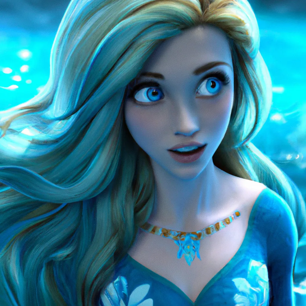 Prompt: Key Disney Visual Of icy blue water, with a cute and adorable anime mermaid with long golden hair swimming ,  jean - baptiste monge, dramatic lighting, 8k, portrait, realistic, fine details, photorealism, cinematic, intricate details, cinematic lighting, photo realistic 8k