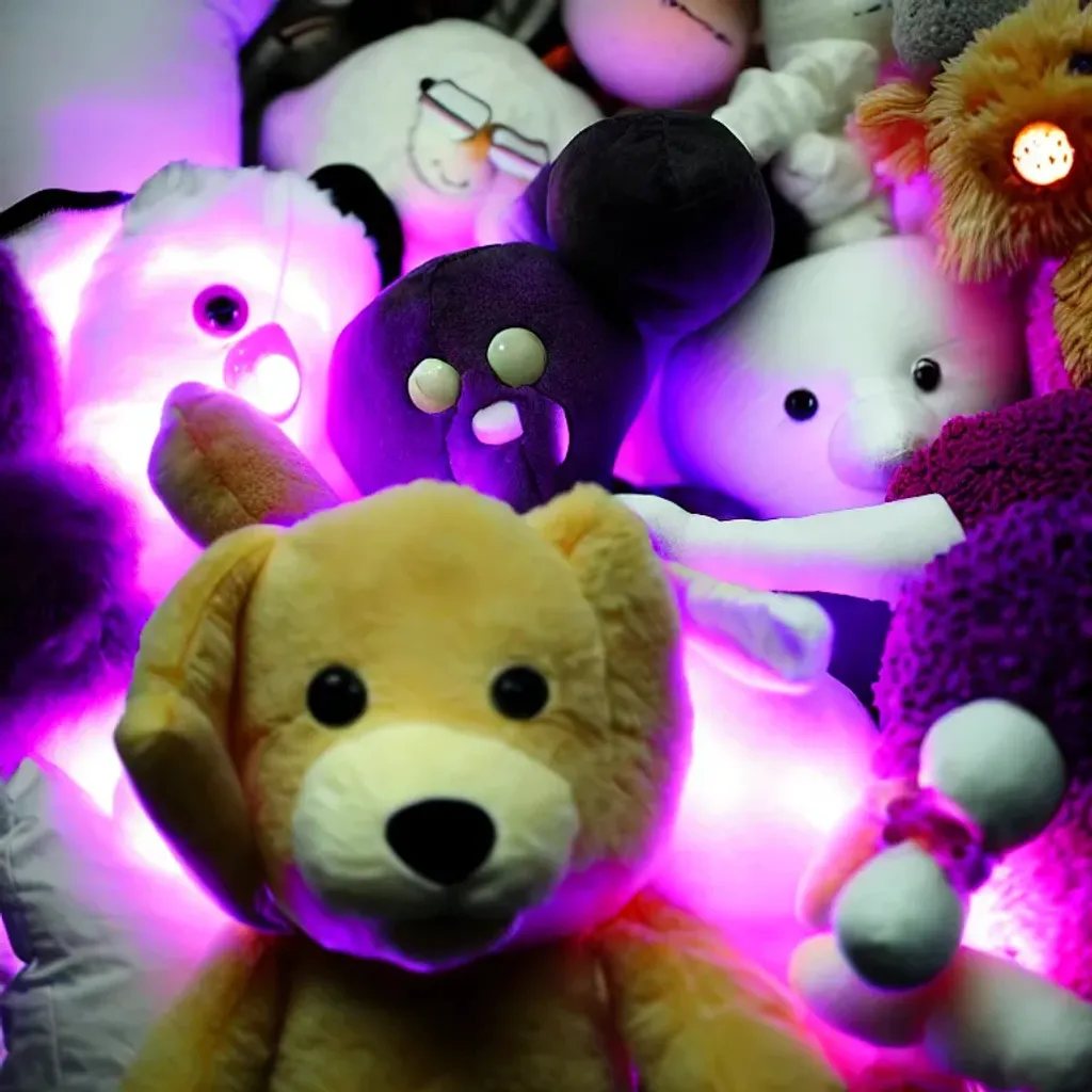 Prompt: Orrery saw purple lights shining brightly from the stuffed animals covering him. He clawed and dug his way through the lifeless stuffed animals that were no longer breathing into his mouth or keeping him down. Orrery shoved his hands into the open air above the pile of glowing stuffed animals he was in. He dug his way to the surface and stood up on the cave floor, which was about 3 feet below the top of the pile of luminescent stuffed animals he was standing in He gasped and coughed because of the putrid fumes from the decaying wool stuffing in the pile of purple luminous stuffed animals.
