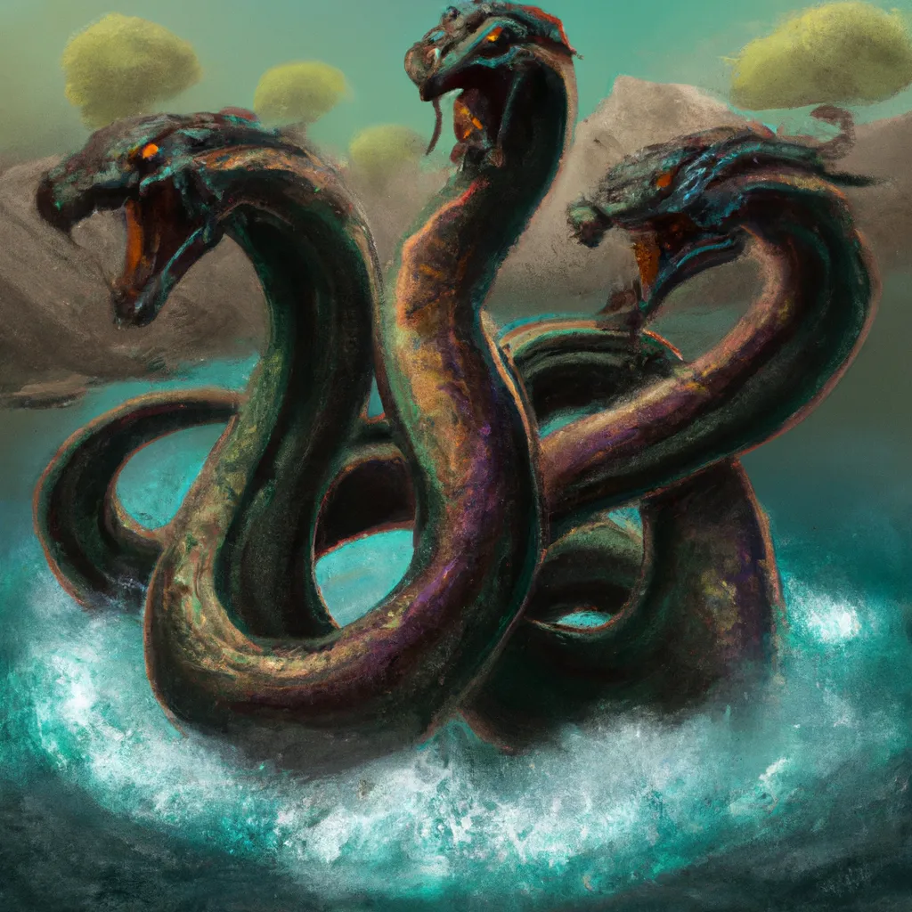 Prompt: Dungeons and dragons three headed hydra in a River 