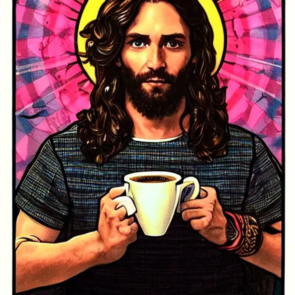 Prompt: A highly detailed, perfect illustration of the cool modern Jesus, with short curly hair, wearing flannels, Indonesian face serving as a real barista in a coffee shop, by Jesuits, Andy Warhol, WLOP, Artgerm, Greg Rutkowski, Alphonse Mucha, Beautiful dynamic. 