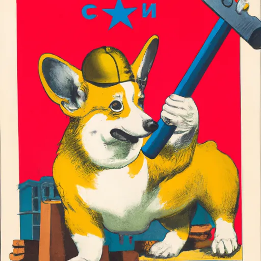 Prompt: Soviet propaganda poster featuring a corgi holding a hammer