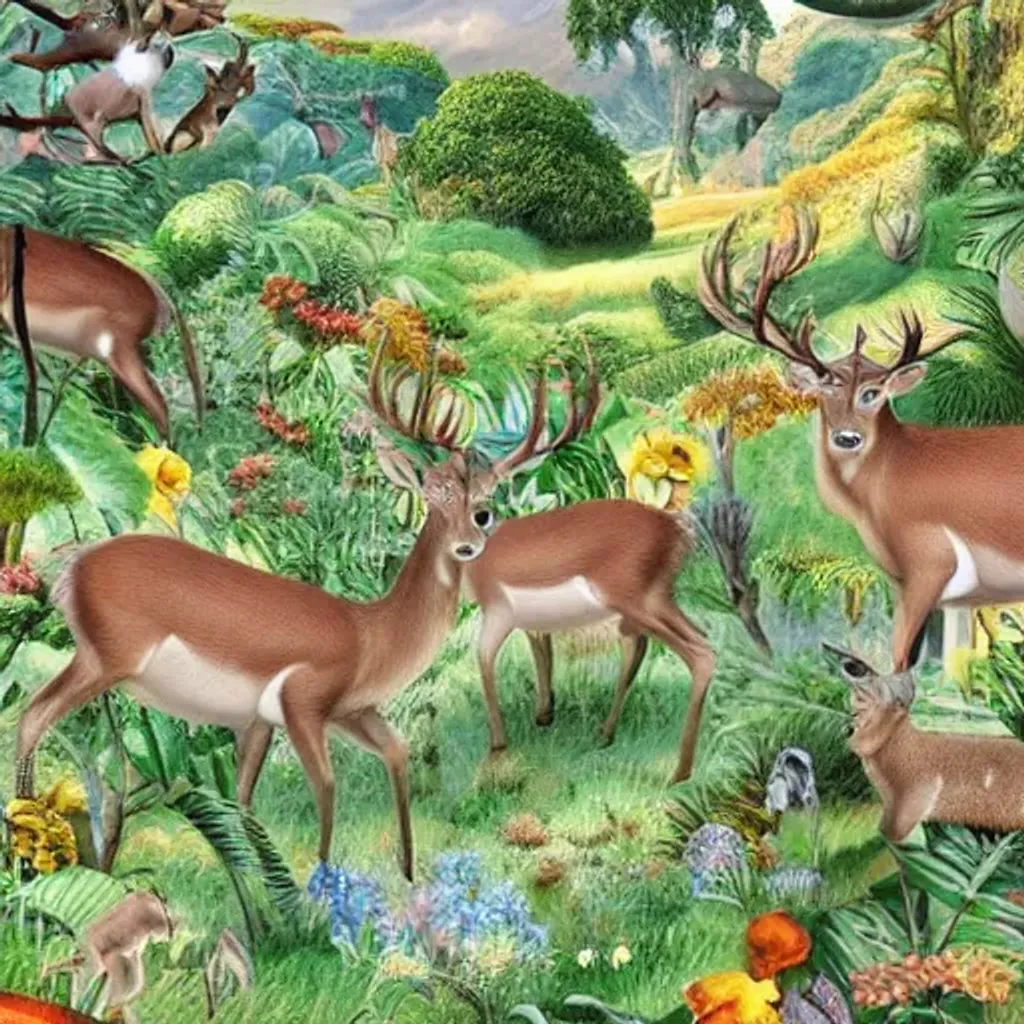 Prompt: Flora and fauna theme. A subtropical river valley in a retrofuturistic landscape of autumn field with big autumn trees and cute animals like deer, elk, rabbits monkeys and wild horses playing by Pixar and dreamworks, misty, sunlight shining through clouds, 8k, extremely detailed, high contrast, ultra realistic, highly coherent, very detailed, masterpiece, cinematic, wallpaper, high resolution, near forest, unreal engine, octane render trending on Artstation, deviantart, 