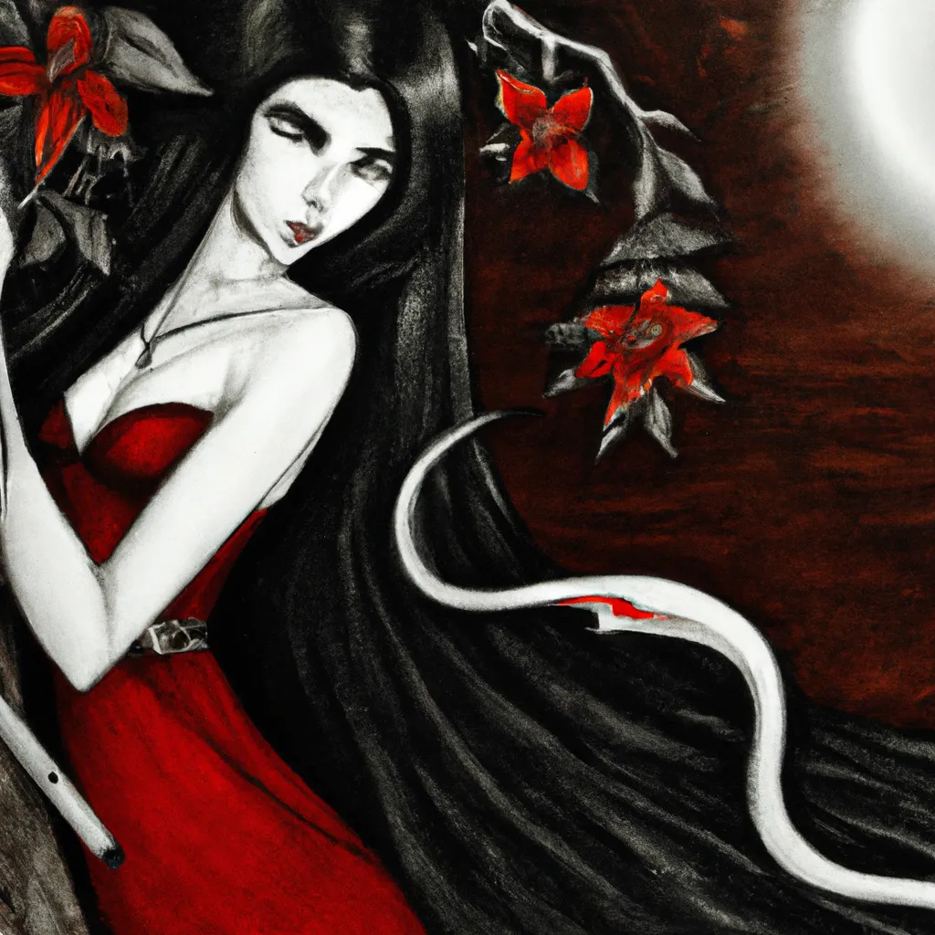 Prompt: Gothic pencil drawing of a pale lady in very long black hair, a red long dress and red dragon wings with a long glowing magic  wand in her hand looking back over her shoulder  at you in the moonlight. A white  flower on a tree to the right edge. Dark red lips. Darkness. Red, black and white colors. Softness. Waxing moon to the right. Crimson Red. 