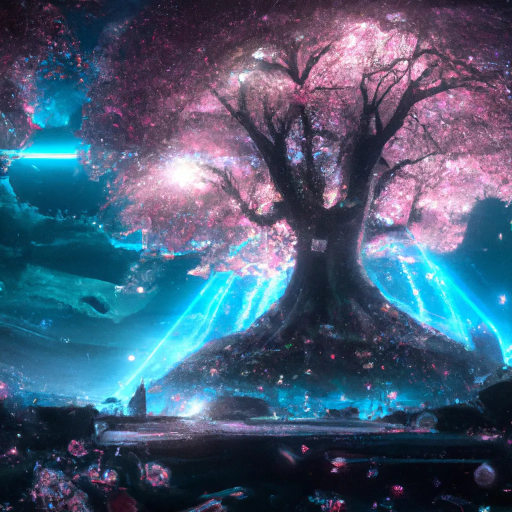 Prompt: digital art of a majestic sakura cherry blossom tree, giant tree trunk,  night, art by Jessica Rossier, art by Stephan Martiniere, art by Caspar David Friedrich, Trending on ArtStation
