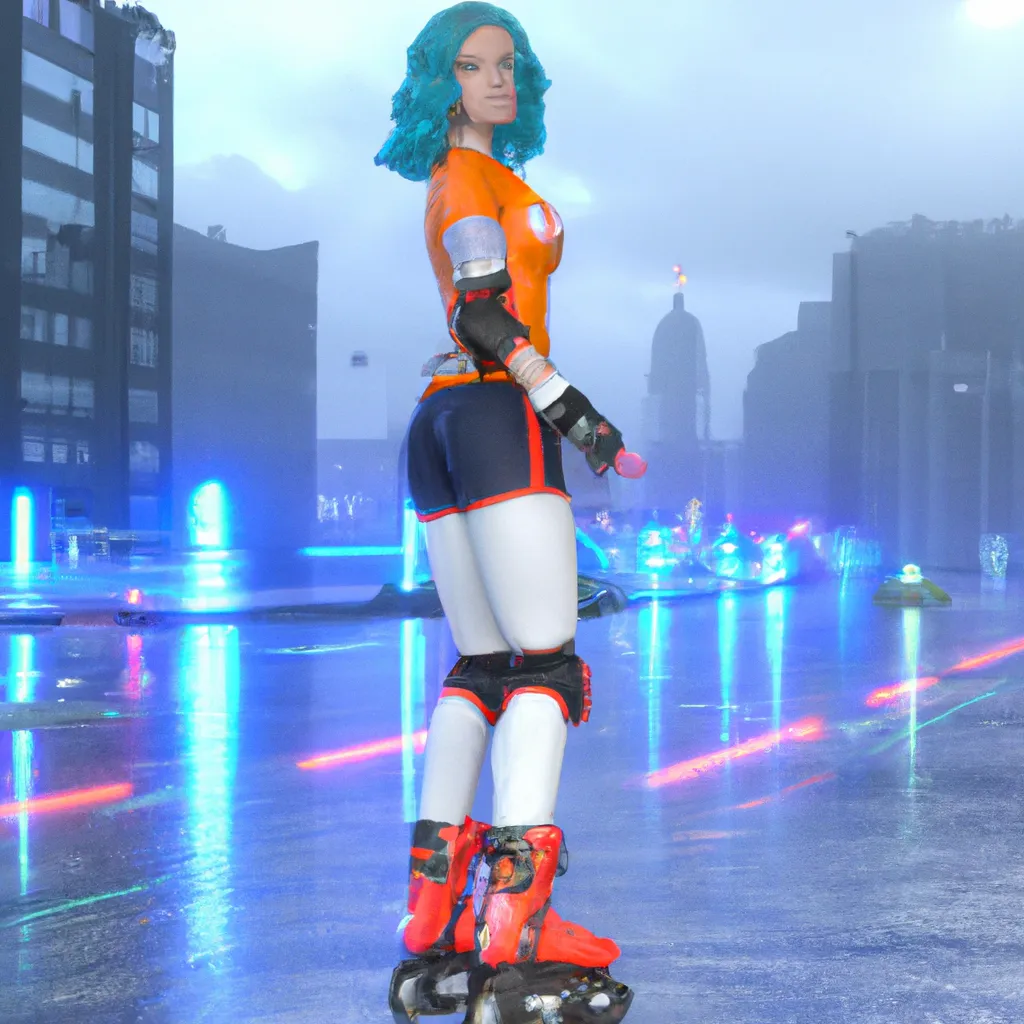 Prompt: Pretty Russian 27 year old woman, turquoise wavy curly wild chin-length hair, white gray orange colored dieselpunk solarpunk outfit with straps, lighted roller skates, rainy cyberpunk city in background, soft teal backlight, Full body, 3D ultra realistic Maya Cinema4D UE4 UE5