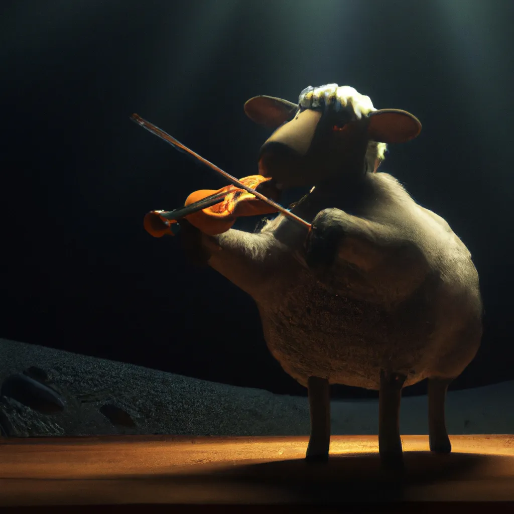 Prompt: Unreal Render of a sheep playing the violin, photorealistic cinematic dramatic lighting