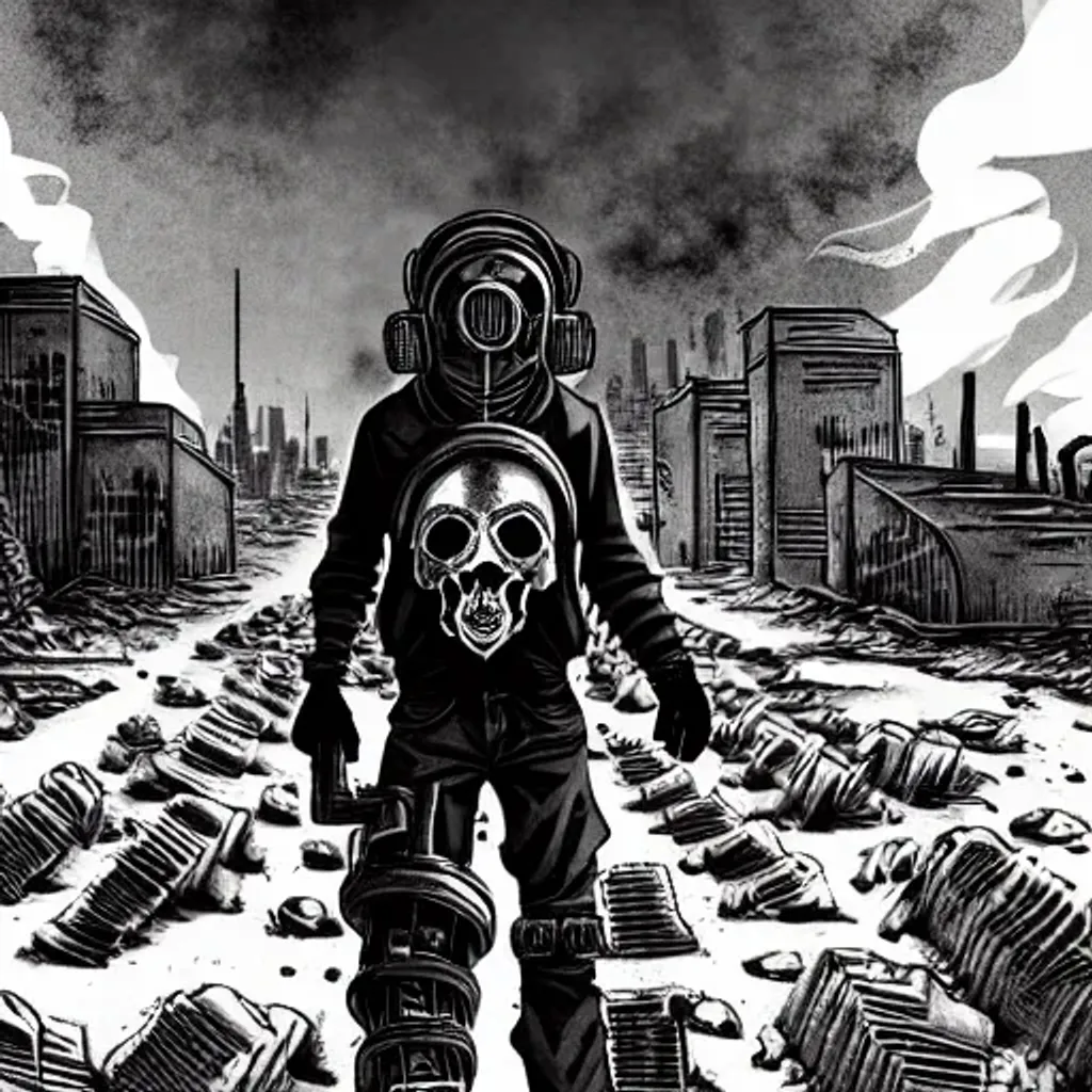 Prompt: dystopian wasteland city streets, piles of skulls, blasted, bleach white buildings made of bone, desert landscape, in a canyon, mutated figure in gas mask carrying a machine gun, fire leaking from cracks in the ground, graphic novel style, manga
