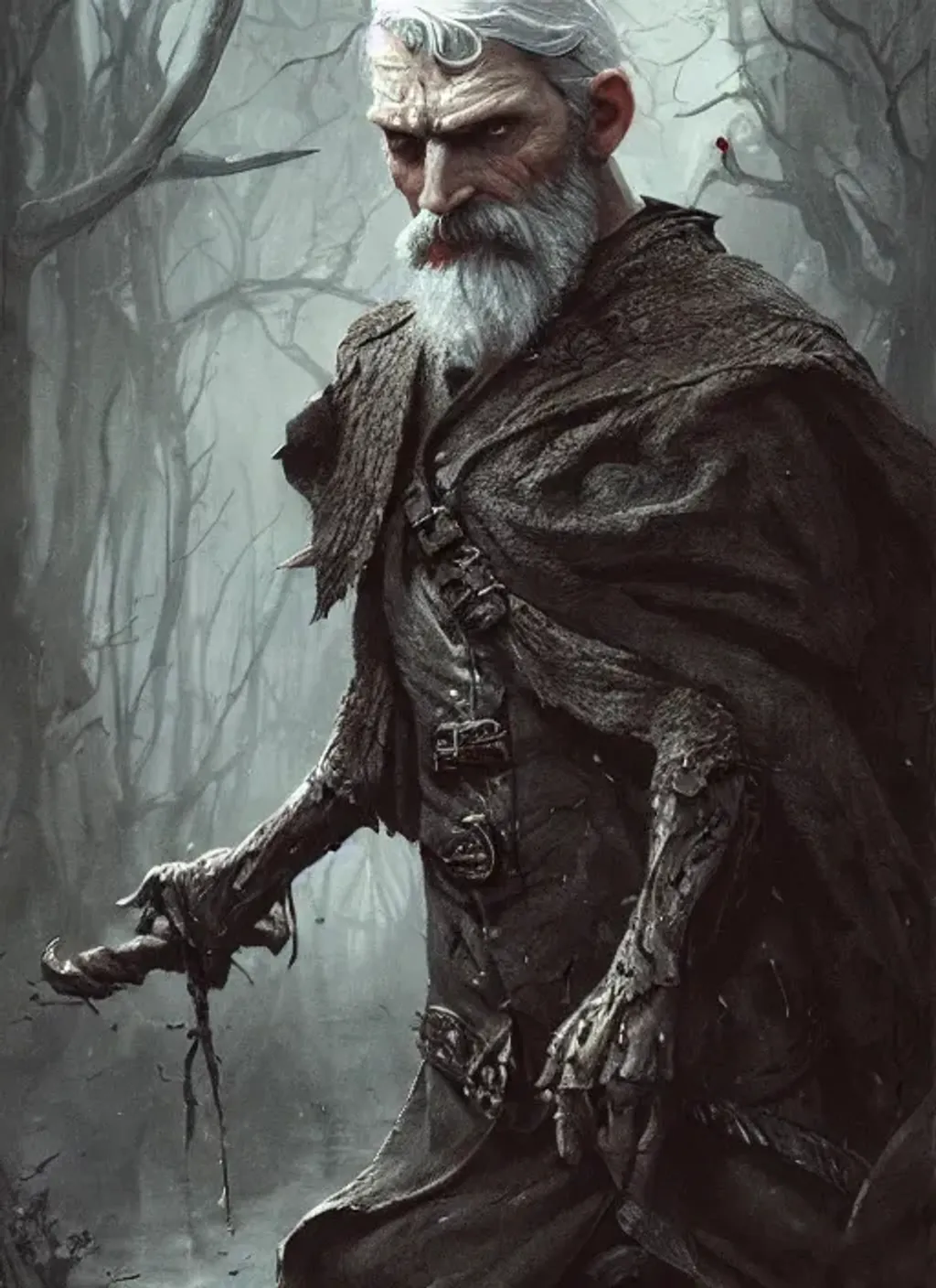 Prompt: Front of old Olgierd von Everec with grey hair and with scarred face and batwings, dark woods, perfect composition, hyperrealistic, super detailed, 8k, high quality, trending art, trending on artstation, sharp focus, studio photo, intricate details, highly detailed, by greg rutkowski