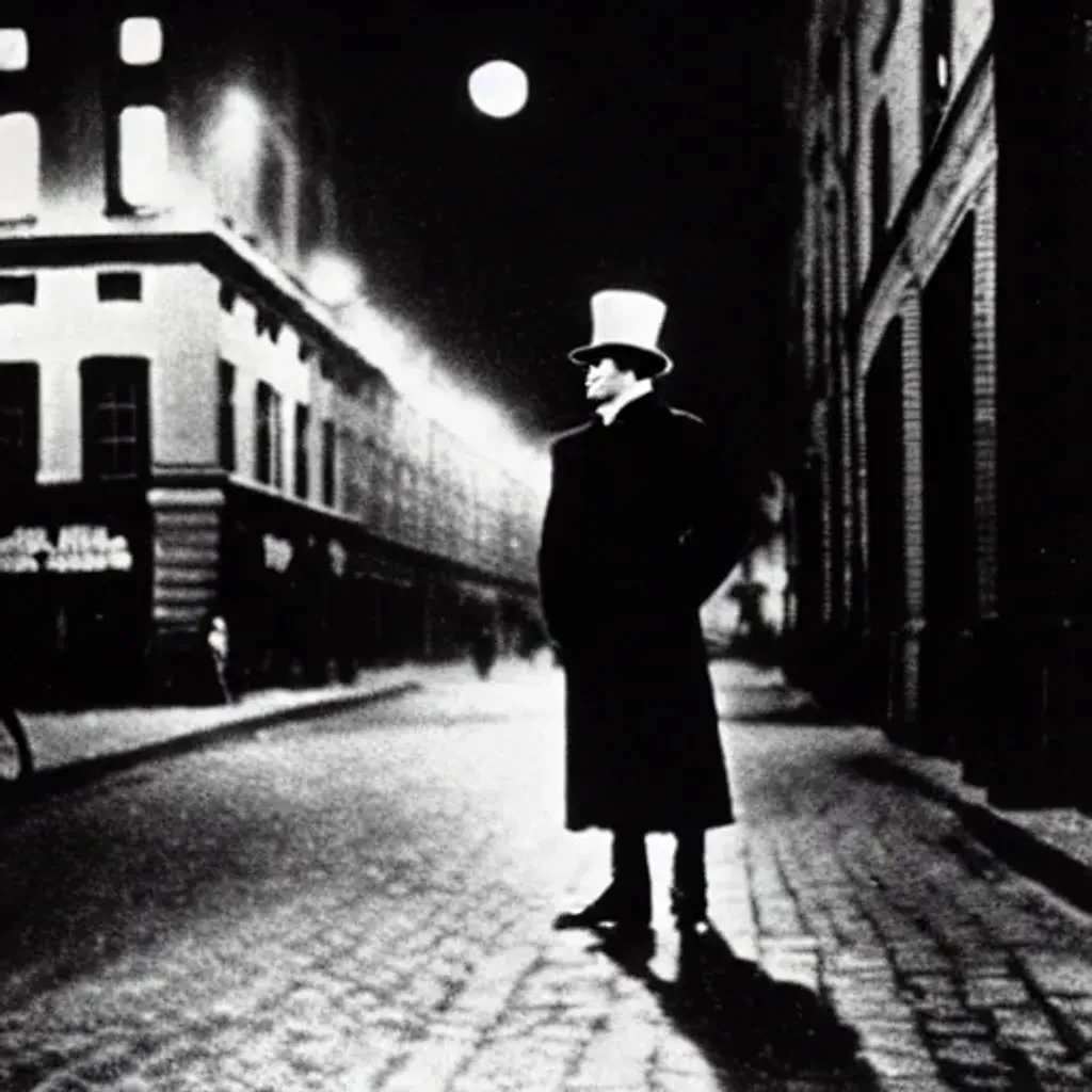 Prompt: 1800s painting of a shadow man standing in streets of Berlin at night, film noir, black and white 
