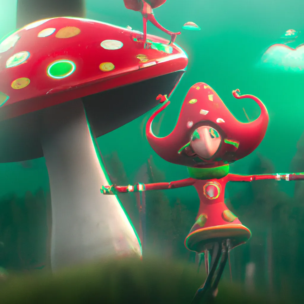 Prompt: Two race cars of anthropomorphic hot chilis peppers, one red and one green, skateboarding| Giant Cosmic mushroom  | cute girl | in the style of Bosch | perfect exposure | soft muted colors desaturated | 3d render | octane lighting | dream fantasy | centered | octane render artstation trending 8k ultra-detailed  | golden ratio | Disney Pixar Dreamworks 