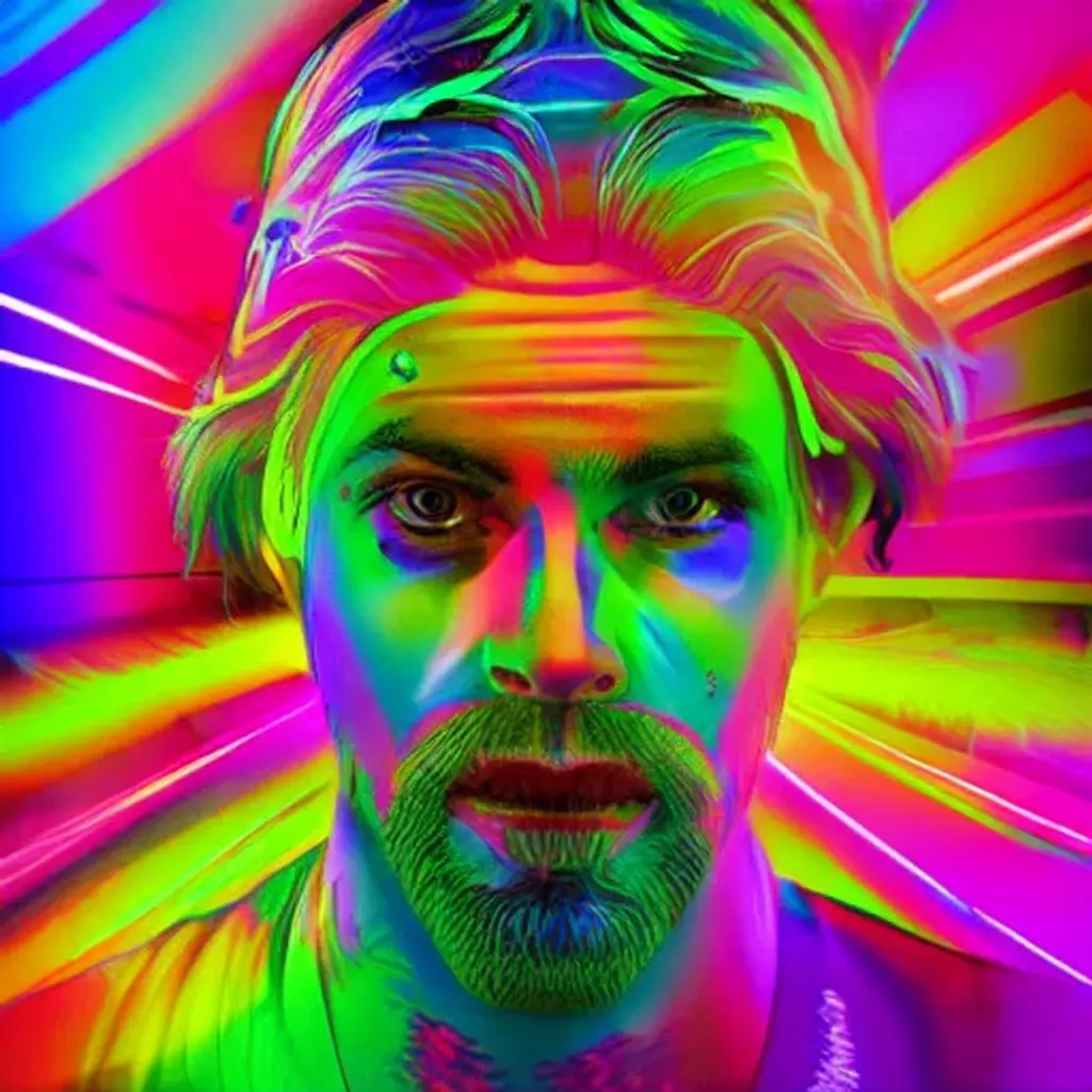 Prompt: Hypnotic illustration of a man, standing character, hypnotic, psychedelic art, pop surrealism, dark glow neon paint, mystical, Behance, 4k, 8k, UHD, professional, studio lighting, unreal engine, 