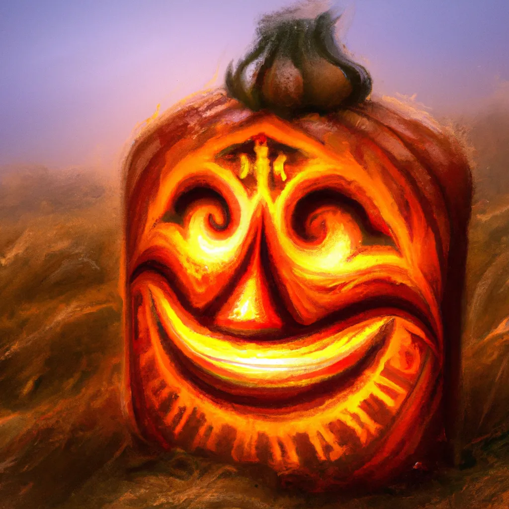 Prompt: Halloween carved pumpkin lantern with Scythian runes and smiley,  landscape, mist. autumn field, cinematic lighting, highly detailed. digital art, beautiful, cinematic lighting, highly detailed, digital art oil painting, sharp focus, matte painting