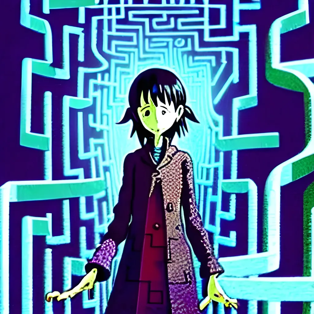 Prompt: Lain, anime. Ultra realistic hyper realistic octane render digital airbrush Studio ghibli poster of a smart and happy middle aged artificial intelligence artist woman walking trough a Circuit board labyrinth maze garden in the style of Coraline and Corpse Bride and Don't Starve. 

Multidimensional dreamy poetic emotional illusion by Sho Murase, Anna Dittmann, Bernie Wrightson, Tom Bagshaw and tim Burton. slightly inspired by eyvind earle and Alice in wonderland. 

Programming code. Network. Neural network. Technology. Easel. Paint. Space, friendship, blessings,  strength, stars, Constellations. Druid. Lillies. Trees. Soft digital. Symmetry.  Symmetrical. Balanced. 