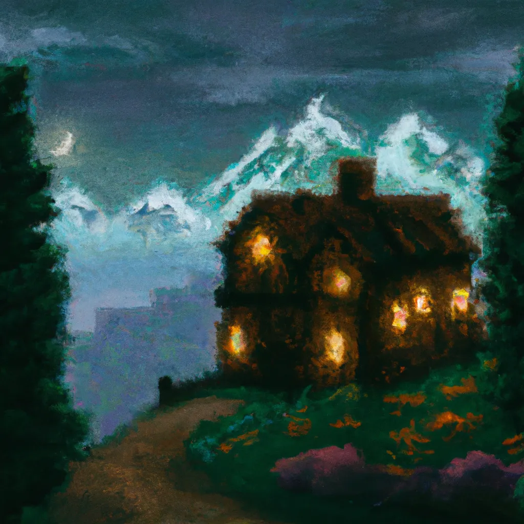 Prompt: 1800s painting of house in mountains at night, in style of minecraft