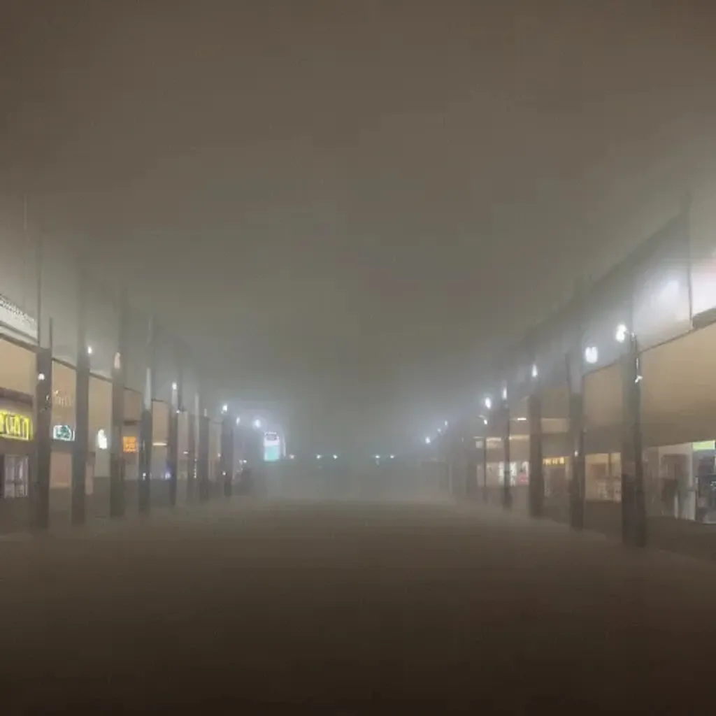 Prompt: liminal space mall in the fog at night